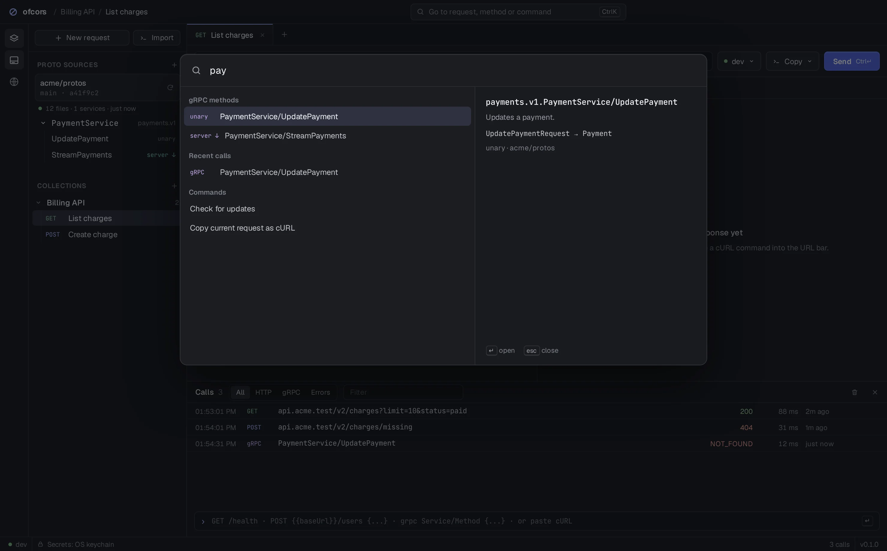 Command palette searching across requests, gRPC methods, recent calls and commands.