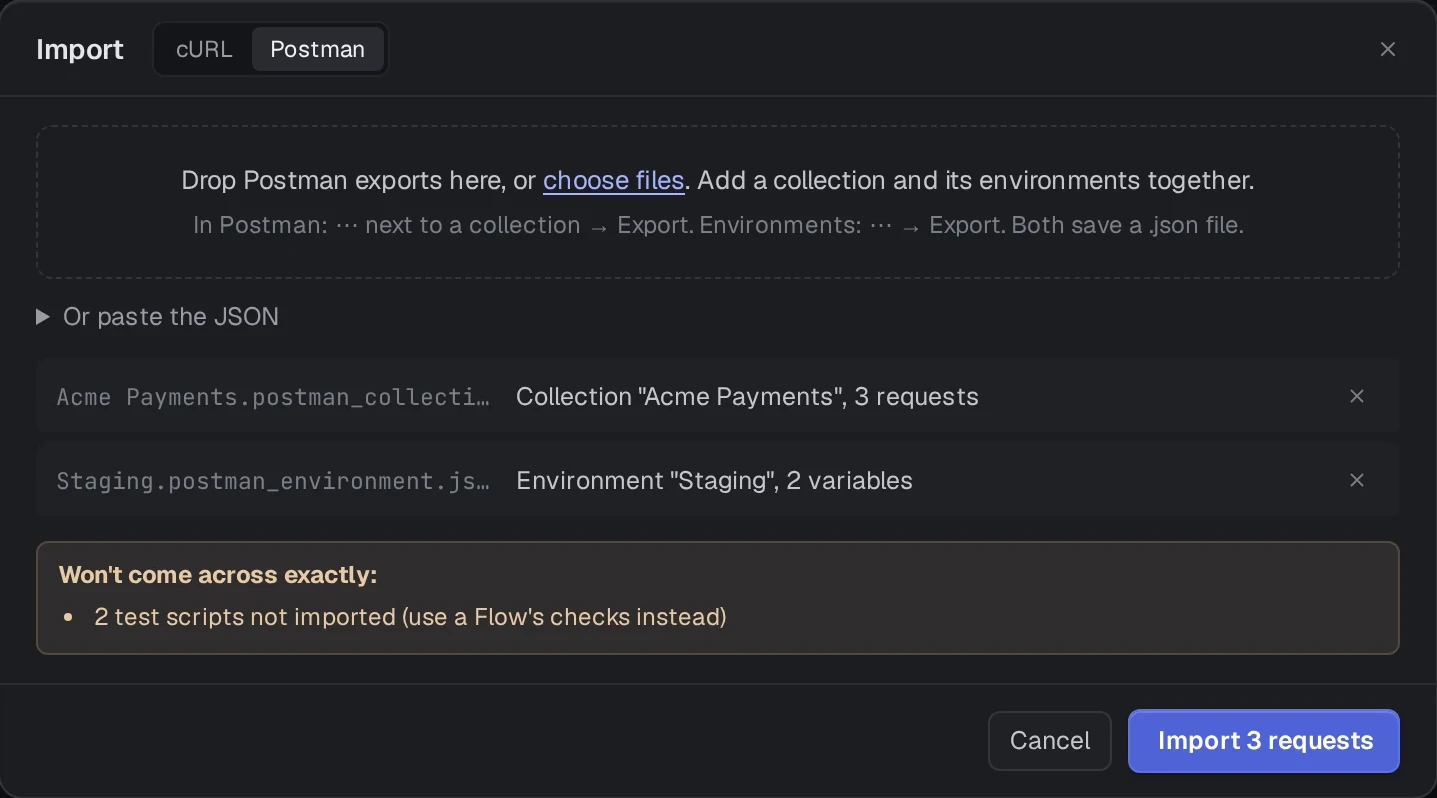 Ofcors's Import dialog on the Postman tab, showing a collection ready to import and a note about skipped scripts.