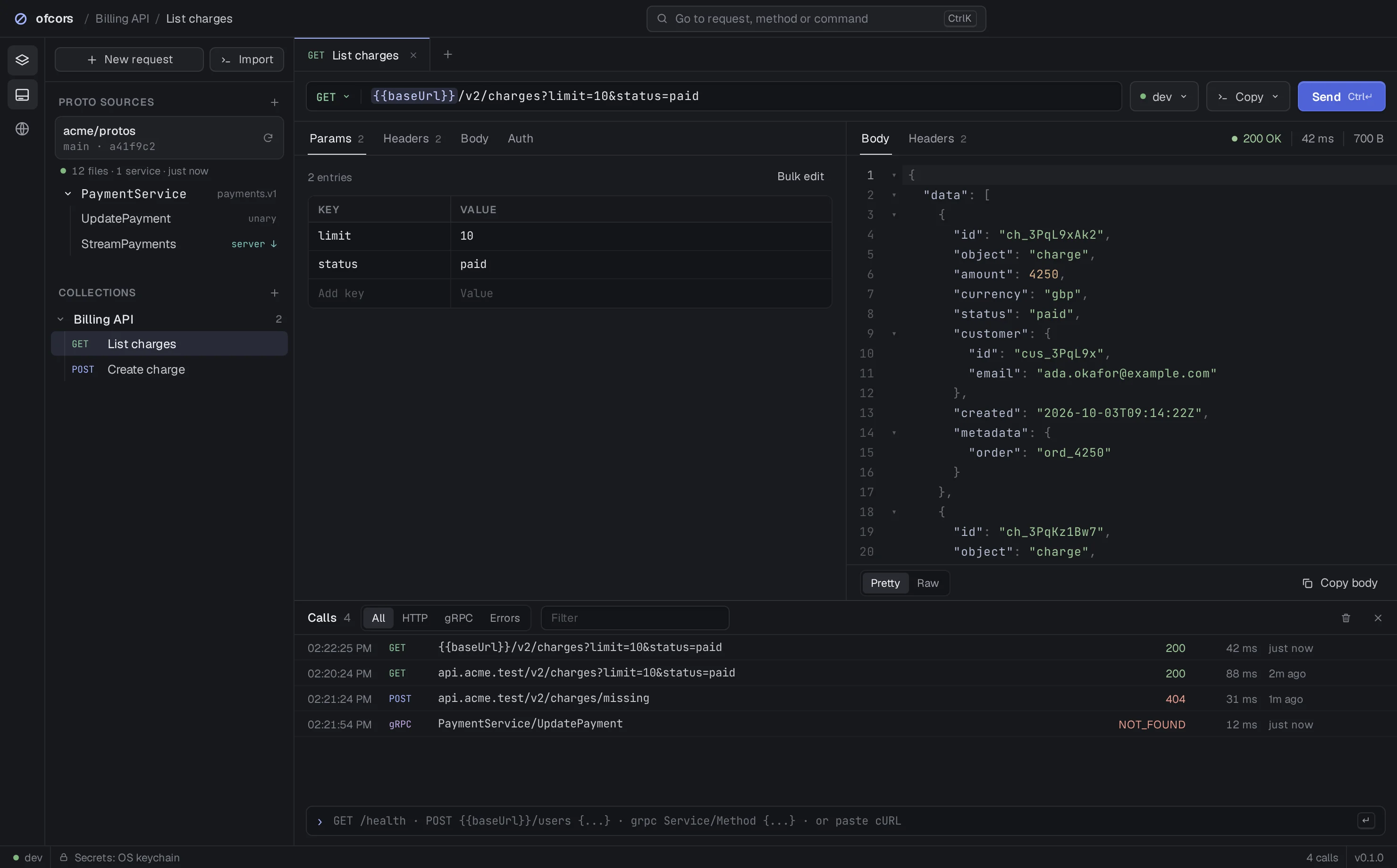 A GET request to list charges with query params in a table and a pretty-printed JSON response showing 200 OK in 42 ms.